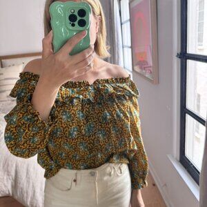J Crew elephant print off the shoulder ruffle blouse